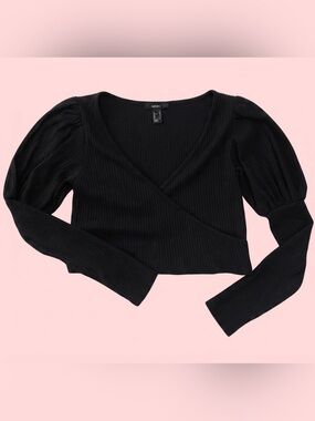 🖤 Forever 21 Puff Sleeve Ribbed Cross-Over Sweater Crop Top Size L